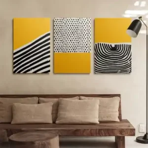Set tablou decorativ Re-Bloom, 3 piese, panza/lemn, galben/alb/negru, 50 x 70 cm Preț promoțional