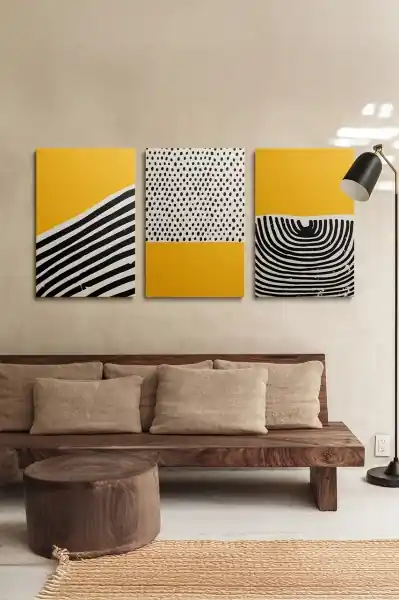 Set tablou decorativ Re-Bloom, 3 piese, panza/lemn, galben/alb/negru, 50 x 70 cm Preț promoțional
