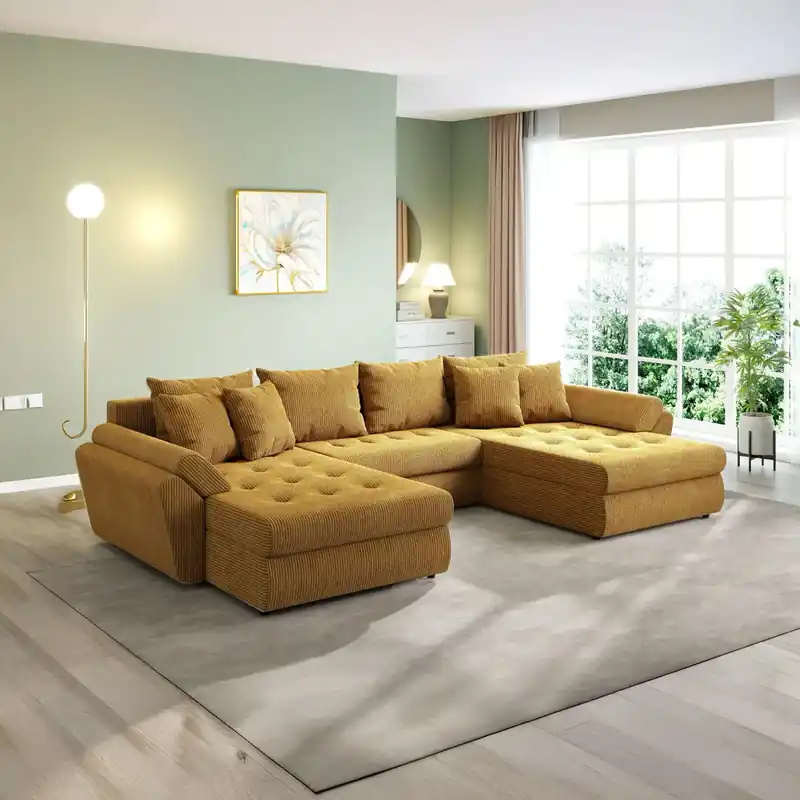 Colțar extensibil dumonde cu ladă de depozitare Loana U Zoom Mustar 375x185 cm Premium