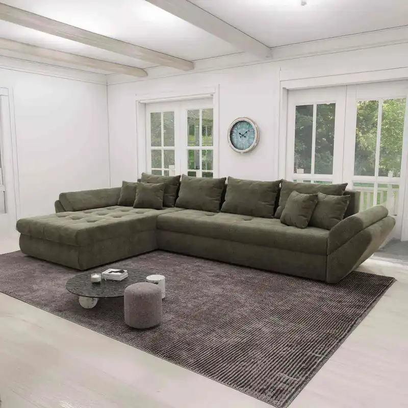 Cumpărături sigure Colțar extensibil dumonde cu ladă de depozitare Loana XL Vibe Olive 335x185 cm