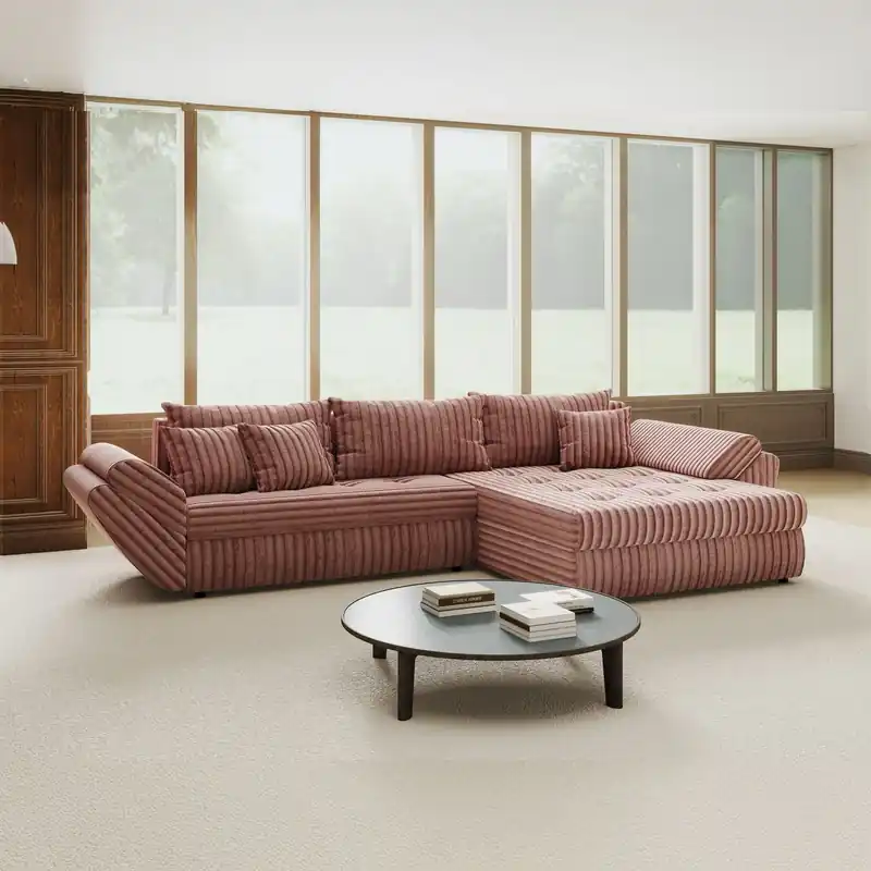 Colțar extensibil dumonde cu ladă de depozitare Loana Tilia Roz pudrat II 270x185 cm Super ofertă