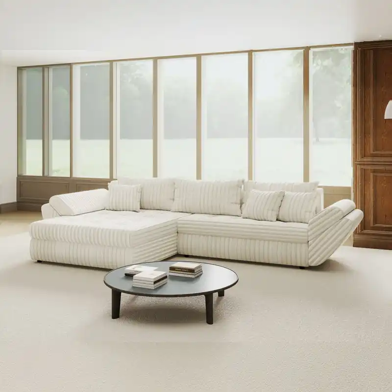 Colțar extensibil dumonde cu ladă de depozitare Loana Tilia Bej 270x185 cm Super ofertă
