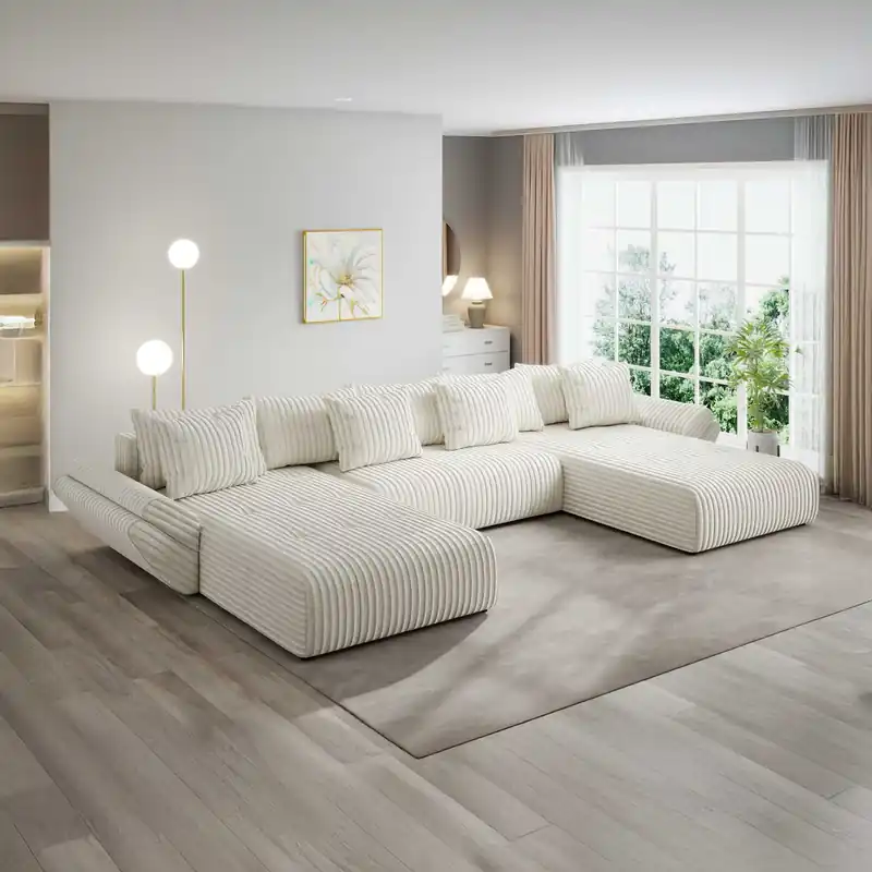 Colțar extensibil dumonde cu ladă de depozitare Berlin U Tilia Bej 400x185 cm Super ofertă