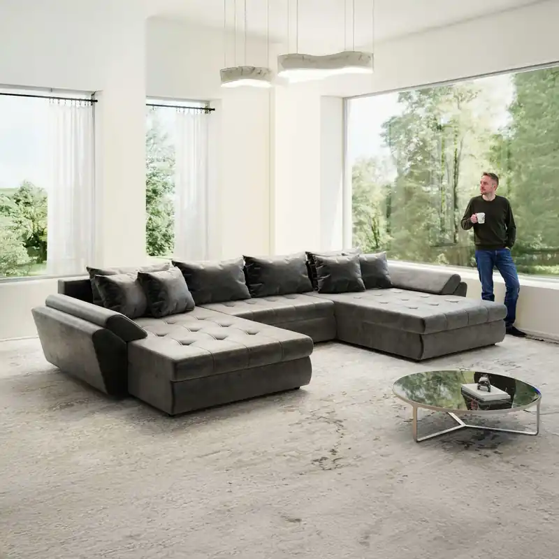 Reducere Colțar extensibil dumonde cu ladă de depozitare Loana U Monolith Gri Antracit 355x185 cm