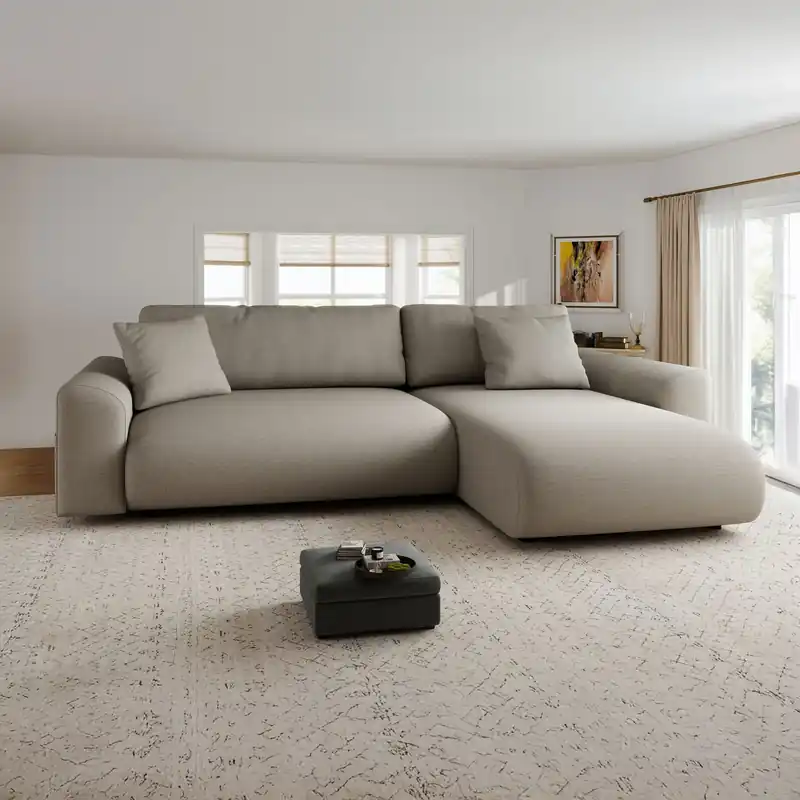 Canapea dumonde fixă cu șezut confortabil din spumă High-Density, Lorine Flow bej 235x138 cm Premium