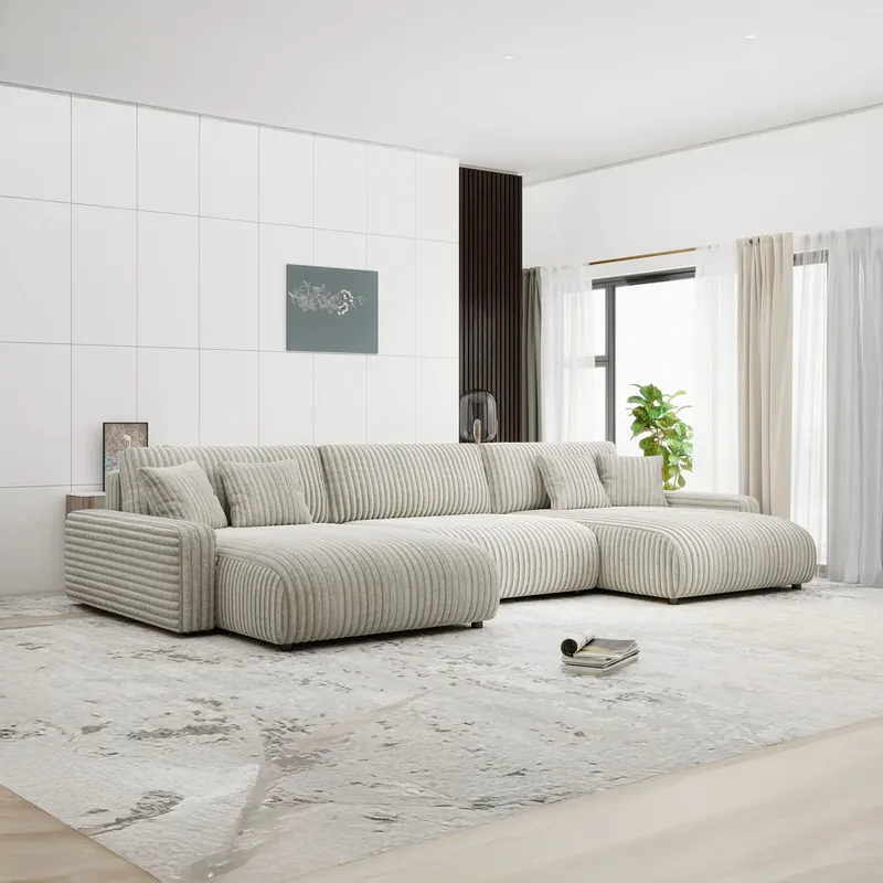 Colțar dumonde extensibil cu șezut confortabil din spumă High-Density, Sara gri- Tilia 332x170 cm Cel mai bun preț