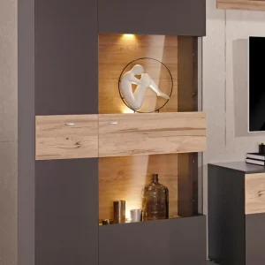 Vitrină de living Bellevue cu iluminat inclus culoare gri și stejar, 90 cm lățime Comandă acum